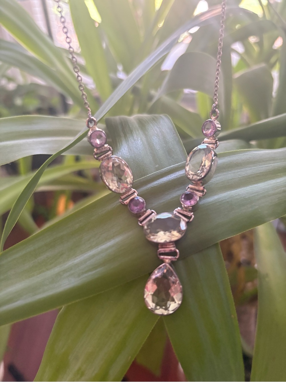 Sterling Teardrop Pendant Necklace with Pale Green and Purple Gemstones